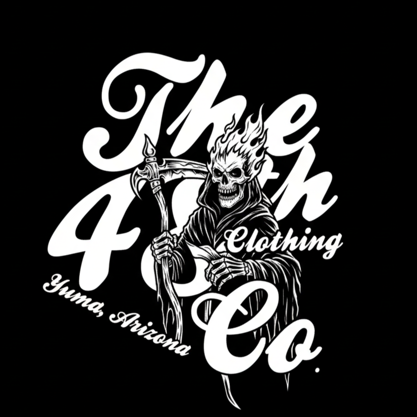 Black and white logo of 'The 4th & O Co.' with a skeleton holding a scythe on a black background.